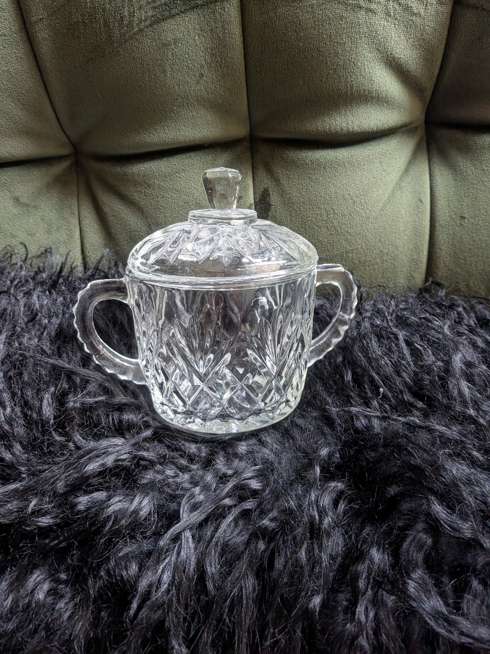 Vintage Pineapple Cut Glass Sugar Bowl with Lid and Handles - Clear Crystal